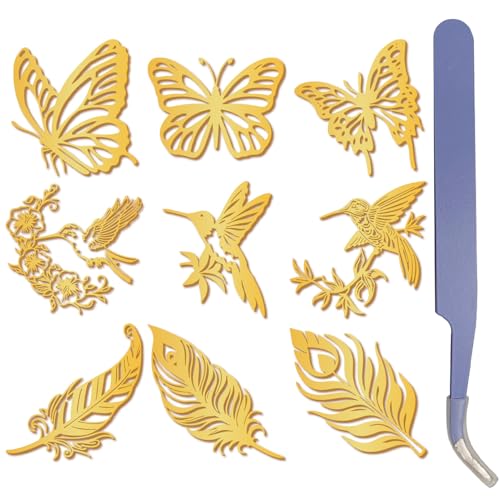 craspire 9 Stück Schmetterlings Kolibri Aufkleber Aus Goldenem Metall Mit Pinzette 1.5 x 1,5 Zoll Feder Aufkleber Wasserfest Selbstklebend Nickel Dekorationsaufkleber Für Sammelalben Bastelarbeiten von craspire