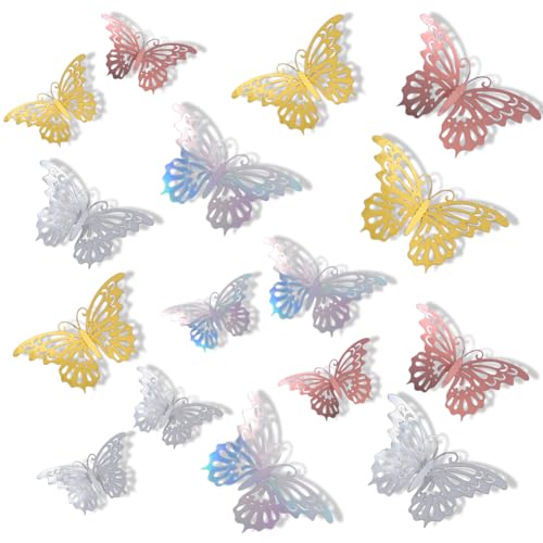 craspire 96 Stück 4 Farben 3D Gold Schmetterling Partydekorationen Schmetterling Wandaufkleber Wasserdicht Rosa Silber Bunte Schmetterlinge Wanddekor Aufkleber Für Hochzeit Geburtstag Kuchen Ballon von craspire