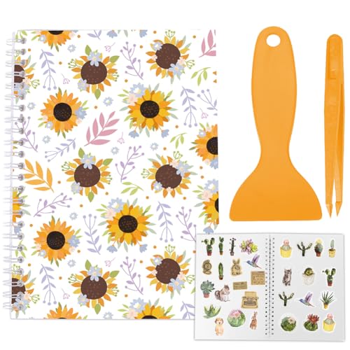 craspire A5 Wiederverwendbare Stickerbuch Aufbewahrung Mit Schaber Und Pinzette 40 Blatt Trennpapier Wasserfeste Blanko Sticker Organizer Saver Holder Keeper Album Sonnenblumen Transparenter von craspire