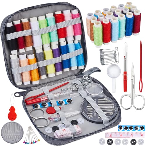 craspire DIY Nähsets Mit Stofftasche Für Unterwegs Zuhause Tragbares Nähzubehör Für Anfänger Lupe Nadeln 18 Farbe Faden Schere Flanelltasche Mit Komplettem Nähzubehör Für Erwachsene von craspire