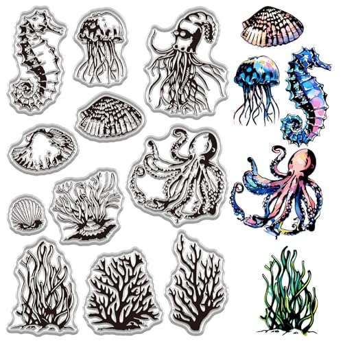 craspire Ozean Stempel Silikonstempel Transparente Gummisiegelstempel Für Fotokarten Alben Bastelbedarf 6,3x4,3 Zoll Hintergrund Blätter Krake Seepferdchen Quallen Meerespflanzen Seegras Muscheln von craspire