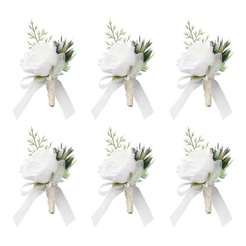 craspire Set Mit 6 weißen Rosen-Boutonnieres Für Bräutigam Und Trauzeuge Im Boutonniere Mit Rosenblättern Für Herren Im Boutonniere-Set Für Bräutigam, Trauzeugen, Hochzeit, Abschlussball von craspire