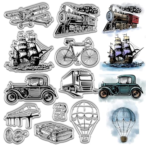 craspire Transparente Stempel Für Fahrzeuge, Flugzeuge, Züge, Boote, Fahrräder, Autos, Heißluftballons, Vintage-Stil, Transparente Silikon-Stempelsiegel Für Kartenherstellung, Dekoration, Fotoalbum von craspire