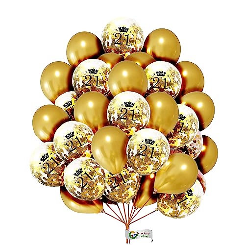Luftballons zum 21. Geburtstag, 30,5 cm, Goldalter, Konfetti, Glitzerballons, Metallic-Goldperlen-Luftballons mit 10 m Ballonband-Rolle, 21. Geburtstag Dekoration Ballon 16 Stück von creative balloons
