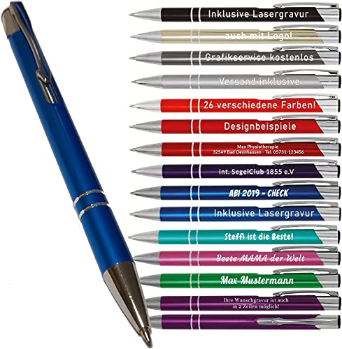 12 Kugelschreiber mit Gravur, COSMO, Lasergravur nach Wunsch, individuelle Werbeartikel - Farben sortenrein oder Gemischt (alle mit gleicher Gravur) von creativgravur