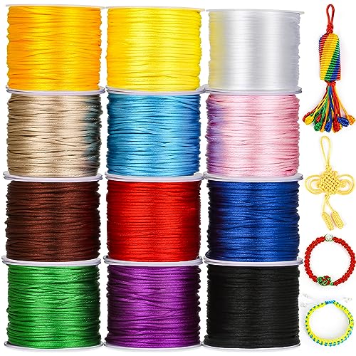 Cridoz 12 Rollen Nylonschnur für Armbänder, Satin-Rattail-Seidenschnur, seidige Perlenschnur für Kumihimo, geflochtene Armbänder, Anhänger, Halskette, Makramee-Handwerk, Schlüsselanhänger, von cridoz