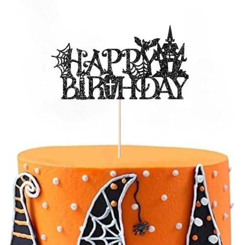Halloween Happy Birthday Cake Topper Fledermaus und Spukhaus Geburtstag Kuchen Dekoration, Schwarz Glitzer Gruselige Kuchen Pick für Halloween Themed Birthday Party Supplies Halloween Happy Birthday Cake Topper Fledermaus und Spukhaus Geburtstag Kuchen Dekoration, Schwarz Glitzer Gruselige Kuchen Pick für Halloween Themed Birthday Party Supplies von crsppior