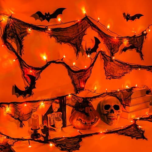 cshare Halloween Dekoration Lichterkette, 3M 30er Orange Lichterkette mit Schwarzem Stoffgaze, Timer, 8 Modi, Wasserdicht, für Kamin, Treppe, Veranda, Halloween Party Dekoration von cshare