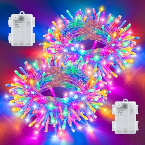 cshare Lichterkette Außen Batterie, 2 Stück Insgesamt 10M 100er LED Mehrfarbig Weihnachten Lichterkette mit Timer Wasserdicht Lichterketten für Weihnachtsbaum Schlafzimmer Garten Innen Dekorationen von cshare