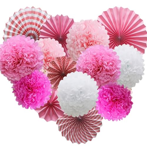 Seidenpapier Pompoms, 14 Stück Rosa Blumenpuscheln Papier, Pompom Lampion Feier Deko, Für Dekoration Hochzeit, Taufe Mädchen, Baby Shower Dekorationen von cuhostki