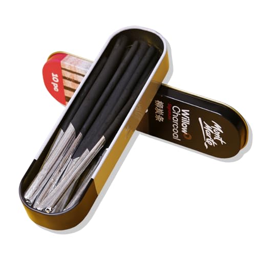 cuhostki Zeichenkohle Set – 10 Stück Kohlestift, 4 Verschiedenen Größen – Kohlestifte in Schwarz – Ideale Zeichenstifte in Aluminium Case von cuhostki