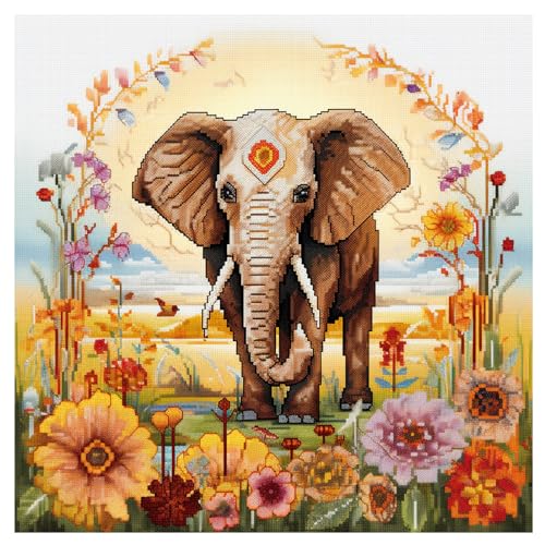 Cukol Elefant Kreuzstich Set Vorgedruckt, Tiere Stickvorlagen Stickbilder Vorgedruckt Kreuzstich Stickpackungen Stickpackung Cross Stitch Embroidery Kit Stickset Sticken Set Erwachsene Anfänger 46x46 von cukol cukol