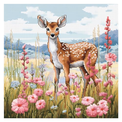 Cukol Hirsch Kreuzstich Set Vorgedruckt, Tiere Stickvorlagen Stickbilder Vorgedruckt Kreuzstich Stickpackungen Stickpackung Cross Stitch Embroidery Kit Stickset Sticken Set Erwachsene Anfänger 40x40cm von cukol cukol