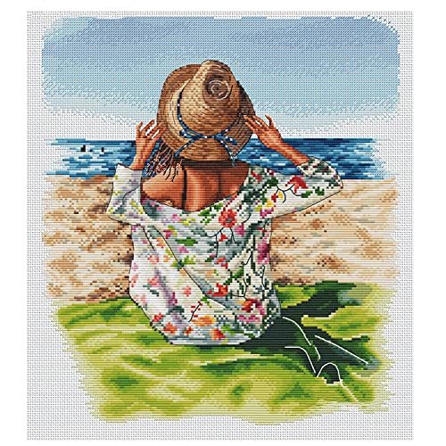 Cukol Kreuzstich Set Vorgedruckt Erwachsene Mädchen am Meer, Stickvorlagen Stickbilder Vorgedruckt Kreuzstich Stickpackungen Stickpackung Stickset Sticken Set für Erwachsene, 11ct Cross Stitch Kit von cukol cukol