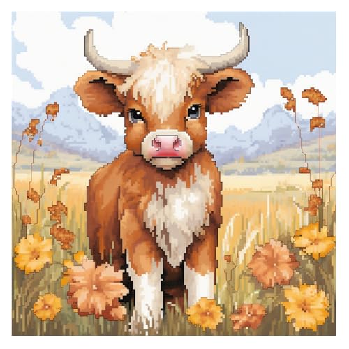 Cukol Kuh Kreuzstich Set Vorgedruckt, Tiere Stickvorlagen Stickbilder Vorgedruckt Kreuzstich Stickpackungen Stickpackung Cross Stitch Embroidery Kit Stickset Sticken Set Erwachsene Anfänger 40x40 cm von cukol cukol