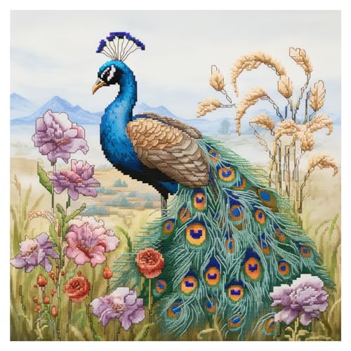 Cukol Pfau Kreuzstich Set Vorgedruckt, Tiere Stickvorlagen Stickbilder Vorgedruckt Kreuzstich Stickpackungen Stickpackung Cross Stitch Embroidery Kit Stickset Sticken Set Erwachsene Anfänger 46x46 cm von cukol cukol