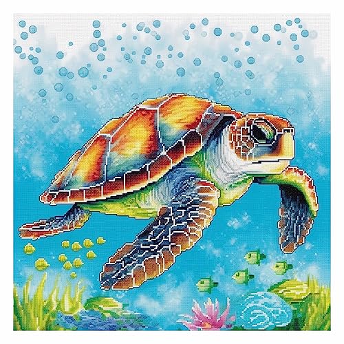 Cukol Schildkröte Kreuzstich Set Vorgedruckt, Stickvorlagen Stickbilder Vorgedruckt Kreuzstich Stickpackungen Stickpackung Cross Stitch Embroidery Kit Stickset Sticken Set Erwachsene Anfänger 40x40 cm von cukol cukol