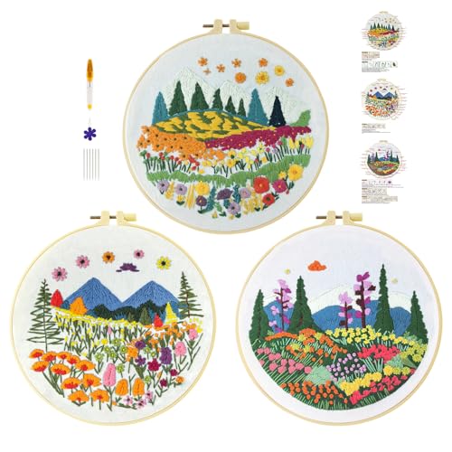cukol cukol 3pcs Stickset Sticken Set für Erwachsene Anfänger, Embroidery Kit, Blumen Gras Stickvorlagen Kreuzstich Vorgedruckt Stickbilder Stickbild Stickpackung Stickvorlage Stickpackungen Stickerei von cukol cukol