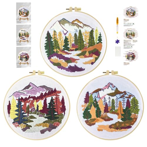 cukol cukol 3pcs Stickset Sticken Set für Erwachsene Anfänger, Embroidery Kit, Stickvorlagen Kreuzstich Vorgedruckt Stickbilder Stickbild Stickpackung Stickvorlage Stickpackungen Stickerei Wald von cukol cukol