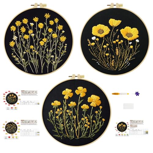 cukol cukol Stickset für Anfänger - 3 Stück Blumen Stickbilder zum Sticken Set Erwachsene, Kreuzstich Stickpackungen für Handarbeit & Nadelarbeiten Liebhaber, mit Stickrahmen, Stickgarn, Nadeln von cukol cukol