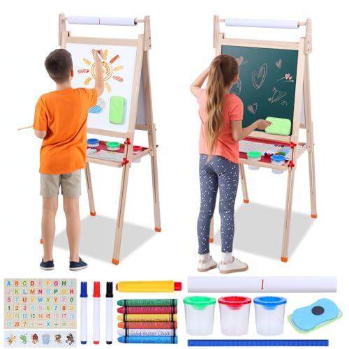Kindertafel aus Holz - Doppelseitige Maltafel mit Whiteboard & Kreidetafel - Höhenverstellbare Staffelei für Kinder (80-110cm) inkl. Magnetfläche & Zubehör-Ablage für Kinder ab 3 Jahren von curfair