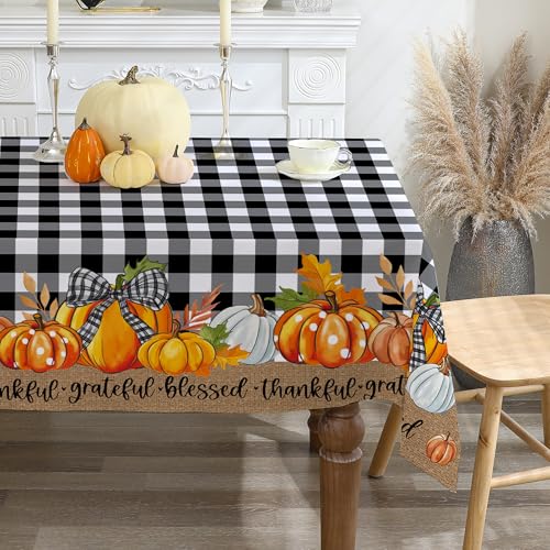 cusugbaso Quadratische Tischdecke, 132 x 132 cm, schwarze karierte Kürbisse, Herbstdekorationen für Zuhause, wasserabweisend, rechteckig, für Party, Abendessen, drinnen von cusugbaso