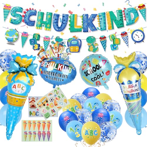CUTLOT SCHULKIND Deko Einschulung der Grundschule Junge, SCHULKIND Banner, Dinosaurier Banner, 22 Latexballons, 4 Folienballon, 3 Aufkleber Schulanfang Schuleinführung Deko (Blau) von cutlot