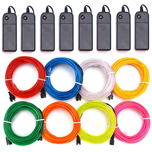 Mixtooltoys EL Draht 3 Modi Neonlicht Batteriebetriebener Elektrolumineszenzdraht Leuchtendes Stroboskop-Dekorationslicht für Xmas Party Pub (8x1m Rot Grün Blau Weiß Rosa Gelb Orange Zitrone) von cuzile