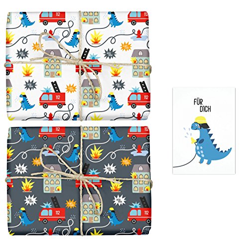 4x Geschenkpapier "Feuerwehr/Dino" für Kinder: doppelseitige Bögen DIN A2 (Öko, Recycling-Papier) + 1x Postkarte | Für Jungen und Mädchen | Made in Germany von dabelino