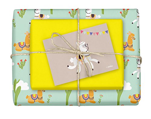 dabelino® 4x doppelseitiges Lama/Alpaka-Geschenkpapier + 1x Postkarte für Kinder | Made in Germany | (Einzelbögen 42x59cm, DIN A2) von dabelino