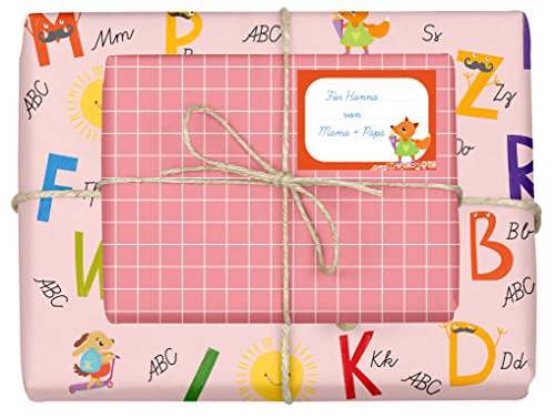 dabelino® Geschenkpapier Einschulung für Mädchen/Kinder, rosa: 4x Bögen + 4 Aufkleber/Schulheft-Etiketten, Set (Schulanfang, Schule, Schulkind) | (Einzelbögen, Recycling, nachhaltig) von dabelino