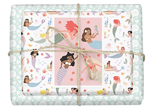 dabelino® Geschenkpapier Meerjungfrauen/Muscheln für Kinder/Mädchen, Set: 4X Bögen + 1x Karte (Öko, Recycling-Papier, Geburtstag, rosa, Pastell, Diversität) von dabelino