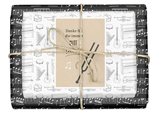 dabelino® Geschenkpapier "Musik" für Musiker - Musiknoten/Instrumente: 4x Bögen + 1x Karte (Geburtstag, Weihnachten, Musiklehrer, Klavier, Gitarren, Geige, Schlagzeug, Notenblatt-Design) von dabelino