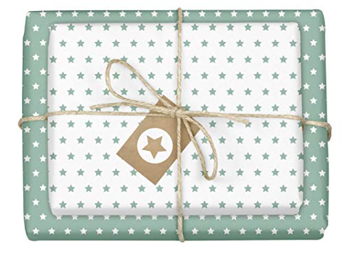 dabelino® Geschenkpapier Set Sterne (Pastell Mint-grün/weiß): 4X Bögen + 4X Anhänger (Öko Recycling-Papier, nachhaltig, Weihnachten, Geburtstag, zur Geburt Baby Junge Mädchen, für jeden Anlass) von dabelino