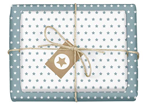 dabelino® Geschenkpapier Set Sterne (grau-blau/weiß): 4X Bögen + 4X Anhänger (Öko Recycling-Papier, nachhaltig, Weihnachten, Geburtstag, zur Geburt Baby Junge, für jeden Anlass) von dabelino