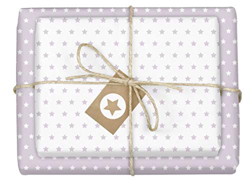 dabelino® Geschenkpapier Set Sterne (pastell-lila/weiß): 4x Bögen + 4x Anhänger (Öko Recycling, nachhaltig, hell lila, flieder, Weihnachten, Geburtstag, zur Geburt Baby Mädchen, für jeden Anlass) von dabelino