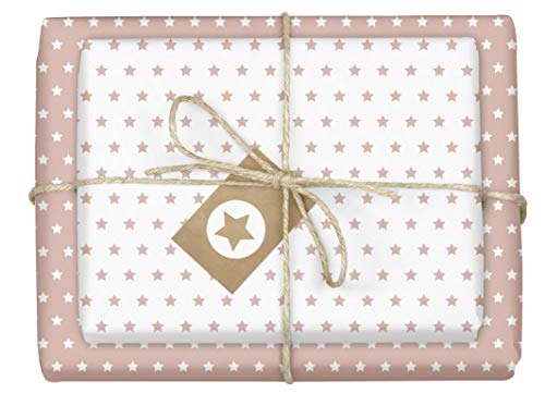 dabelino® Geschenkpapier Set Sterne (pastell-rosa/weiß): 4x Bögen + 4x Anhänger (Öko Recycling, nachhaltig, hell rosa, Weihnachten, Geburtstag, zur Geburt Baby Mädchen, für jeden Anlass) von dabelino