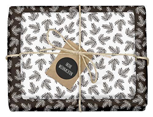 dabelino® Geschenkpapier Set Weihnachten: Tannenzweige/Tannenbaum schwarz weiß: 4 Bögen + 4 Anhänger (hochwertig, Weihnachtsgeschenkpapier, nachhaltig, Recycling-Papier, edel, für Erwachsene) von dabelino