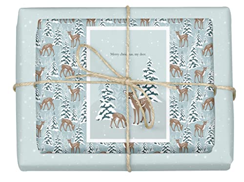 dabelino® Geschenkpapier Weihnachten Rehe/Rehkitz für Kinder: 4X Bögen + 1x Weihnachtskarte mit Hirsch-Kuh Set (umweltfreundlich, nachhaltig, öko, Recycling) von dabelino