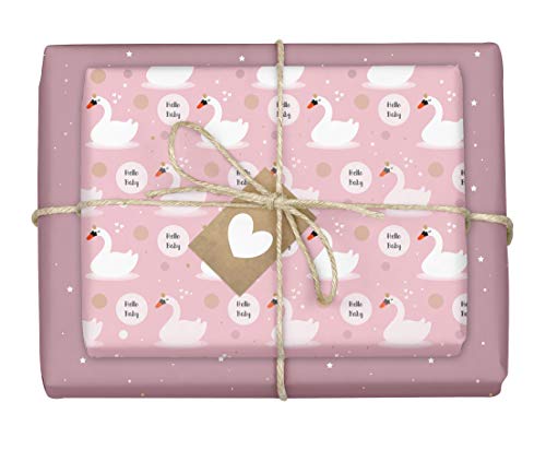 dabelino® Geschenkpapier zur Geburt für Baby Mädchen: 4x Einzelbögen + 4x Geschenkanhänger (It's a girl, rosa, Schwan) von dabelino
