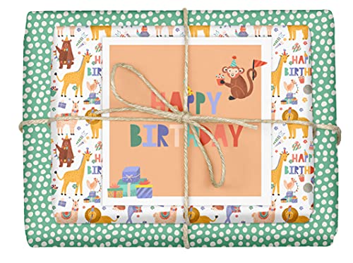 dabelino® Kinder-Geschenkpapier Geburtstag: Tiere/Happy Birthday (Junge, Mädchen), Set: 4X Bögen + 1x Karte (Öko Recycling-Papier nachhaltig) von dabelino