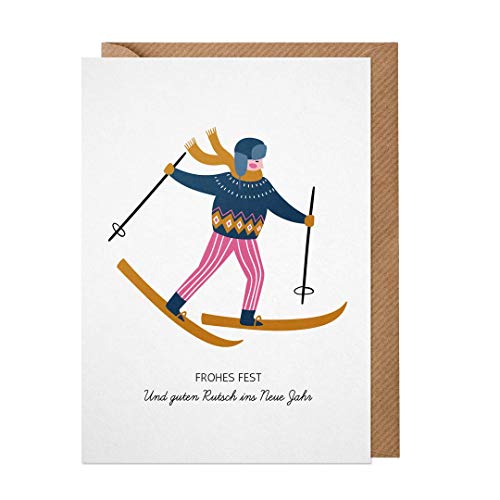 dabelino 1x Weihnachtskarte mit Umschlag: Skifahrer/Frohes Fest (Karte Weihnachten einzeln, lustig, witzig, originell, Klappkarte, nachhaltig, Natur-Papier ohne Plastik-Beschichtung, hochwertig) von dabelino