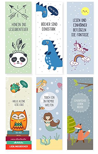 dabelino 6er Set Tiere-Lesezeichen für Kinder (Einhorn, Fuchs, Eulen, Dinosaurier, Panda, Meerjungfrau/Mitgebsel) von dabelino