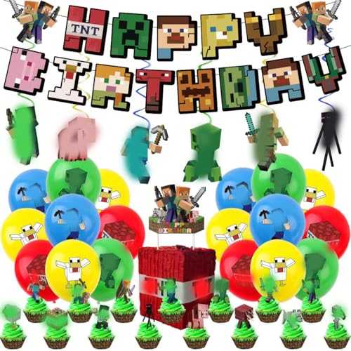 dadeerhe Miner Gamer Thema Party Dekoration, Geburtstagsdeko, Luftballons Geburtstag Set Flagge ziehen Latex Aluminium Filmballon-Kombination, Dekorationen für Kindergeburtstage von dadeerhe