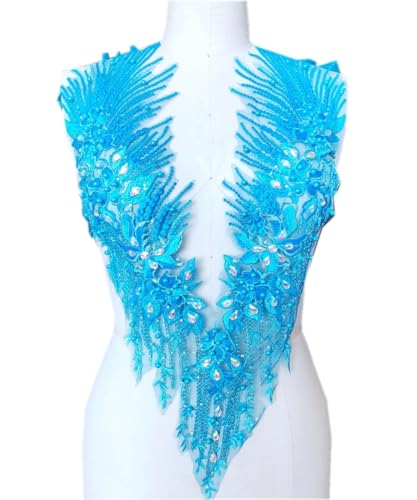Spitzenapplikation 3D mit Perlen bestickt, Blumen, Strass, Besatz-Patches, ideal für Handarbeiten, Ausschnitt, Mieder, Hochzeit, Braut und Ballkleid(1Blue A) von dadouer