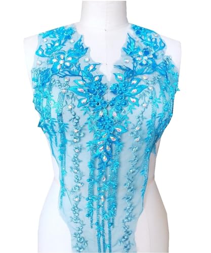 Spitzenapplikation 3D mit Perlen bestickt, Blumen, Strass, Besatz-Patches, ideal für Handarbeiten, Ausschnitt, Mieder, Hochzeit, Braut und Ballkleid(1Blue B) von dadouer