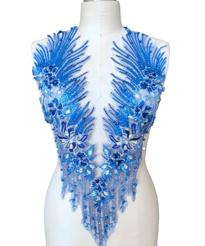 Spitzenapplikation 3D mit Perlen bestickt, Blumen, Strass, Besatz-Patches, ideal für Handarbeiten, Ausschnitt, Mieder, Hochzeit, Braut und Ballkleid(Blue A) von dadouer