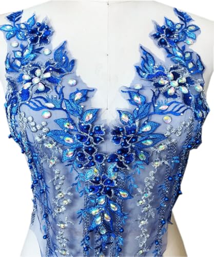 Spitzenapplikation 3D mit Perlen bestickt, Blumen, Strass, Besatz-Patches, ideal für Handarbeiten, Ausschnitt, Mieder, Hochzeit, Braut und Ballkleid(Blue B) von dadouer