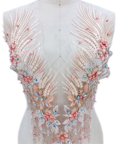 Spitzenapplikation 3D mit Perlen bestickt, Blumen, Strass, Besatz-Patches, ideal für Handarbeiten, Ausschnitt, Mieder, Hochzeit, Braut und Ballkleid(Champagne A) von dadouer