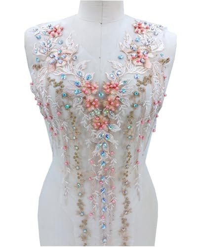 Spitzenapplikation 3D mit Perlen bestickt, Blumen, Strass, Besatz-Patches, ideal für Handarbeiten, Ausschnitt, Mieder, Hochzeit, Braut und Ballkleid(Champagne B) von dadouer